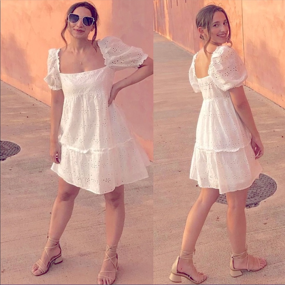 A-line Embroidery Eyelet Puff Sleeved Short H&M DRESS - NWT white